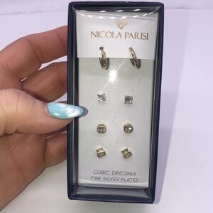 Nicola Parisi Earrings Cubic Zirconia Fine Silver Plated NIB 4 Pairs Hoops